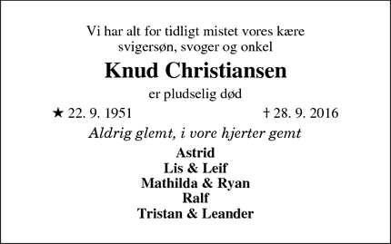 Dødsannoncen for Knud Christiansen - Linde 7600 Struer