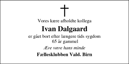 Dødsannoncen for Ivan Dalgaard - Holstebro