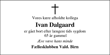 Dødsannoncen for Ivan Dalgaard - Holstebro