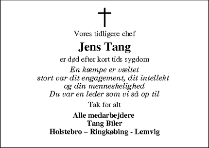 Dødsannoncen for Jens Tang - Holstebro