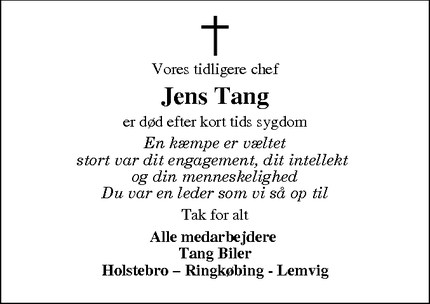 Dødsannoncen for Jens Tang - Holstebro