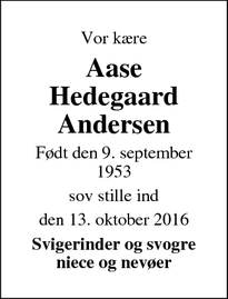 Dødsannoncen for Aase Hedegaard Andersen - Asp