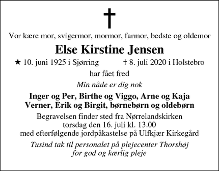 Dødsannoncen for Else Kirstine Jensen  - Skjern