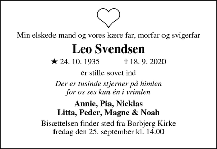 Dødsannoncen for Leo Svendsen - Hvam Mejeriby