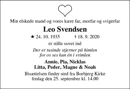 Dødsannoncen for Leo Svendsen - Hvam Mejeriby