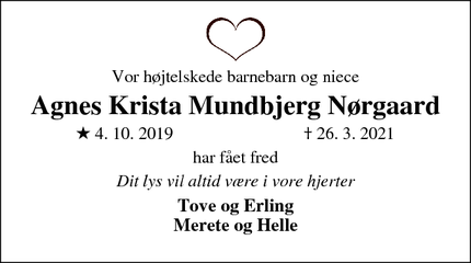 Dødsannoncen for Agnes Krista Mundbjerg Nørgaard - Mejdal
