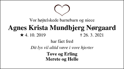 Dødsannoncen for Agnes Krista Mundbjerg Nørgaard - Mejdal