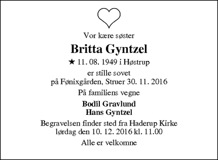 Dødsannoncen for Britta Gyntzel - Haderup
