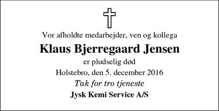 Dødsannoncen for Klaus Bjerregaard Jensen - Holstebro
