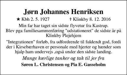 Dødsannoncen for Jørn Johannes Henriksen - Lemvig