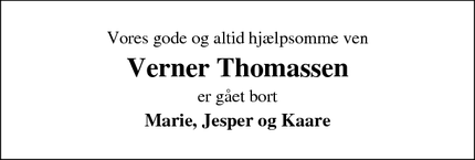 Dødsannoncen for Verner Thomassen - Holstebro