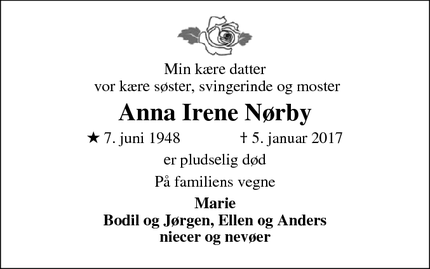 Dødsannoncen for Anna Irene Nørby - Smørumnedre