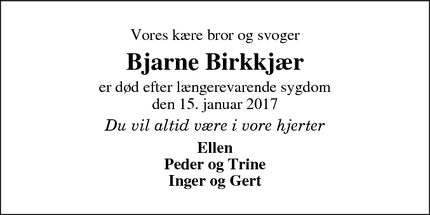 Dødsannoncen for Bjarne Birkkjær - Tvis