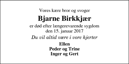 Dødsannoncen for Bjarne Birkkjær - Tvis