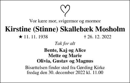 Dødsannoncen for Kirstine (Stinne) Skallebæk Mosholm - HOLSTEBRO