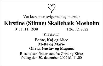 Dødsannoncen for Kirstine (Stinne) Skallebæk Mosholm - HOLSTEBRO