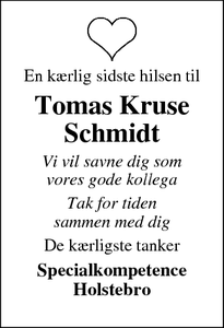 Dødsannoncen for Tomas Kruse
Schmidt - Skive