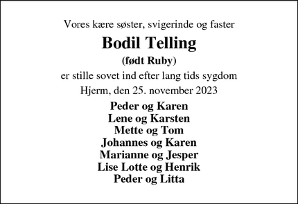 Dødsannoncen for Bodil Telling - Herning