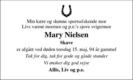 Dødsannoncen for Mary Nielsen - Bedsted Thy