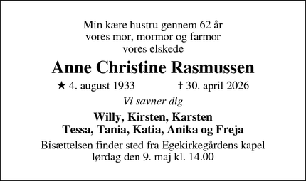 Dødsannoncen for Anne Christine Rasmussen - Holstebro