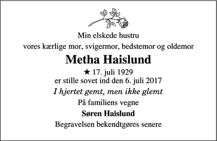 Dødsannoncen for Metha Haislund - Mejrup Kirkeby