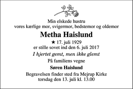 Dødsannoncen for Metha Haislund - Mejrup Kirkeby