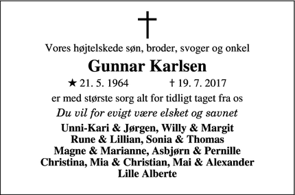 Dødsannoncen for Gunnar Karlsen - Struer