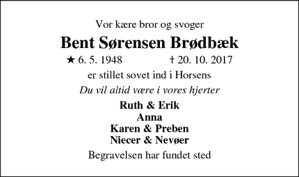 Dødsannoncen for Bent Sørensen Brødbæk - Horsens