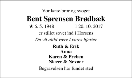 Dødsannoncen for Bent Sørensen Brødbæk - Horsens