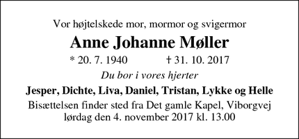 Dødsannoncen for Anne Johanne Møller - Holstebro