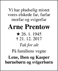 Dødsannoncen for Arne Prentow - Herning