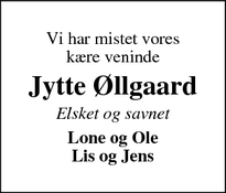 Dødsannoncen for Jytte Øllgaard - Holstebro