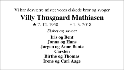 Dødsannoncen for Villy Thusgaard Mathiasen - Holstebro, Danmark
