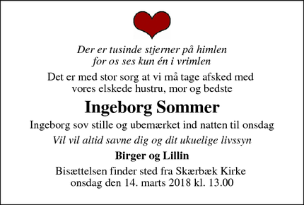 Dødsannoncen for Ingeborg Sommer - Struer