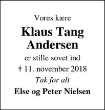 Dødsannoncen for Klaus Tang Andersen - Holstebro