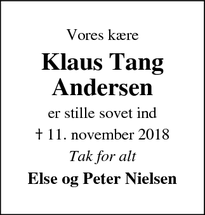 Dødsannoncen for Klaus Tang Andersen - Holstebro