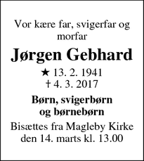 Dødsannoncen for Jørgen Gebhard - Magleby, 4672 Klippinge