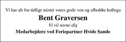 Dødsannoncen for Bent Graversen - Hvide Sande