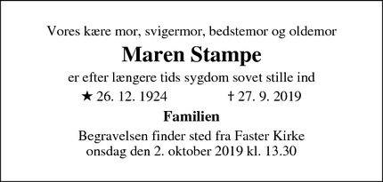 Dødsannoncen for Maren Stampe - Horsens