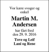 Dødsannoncen for Martin M. Andersen - tim