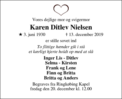 Dødsannoncen for Karen Ditlev Nielsen - Ringkøbing