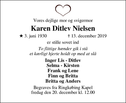 Dødsannoncen for Karen Ditlev Nielsen - Ringkøbing