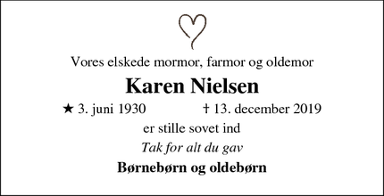 Dødsannoncen for Karen Nielsen - Ringkøbing 