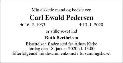 Dødsannoncen for Carl Ewald Pedersen - Aadum