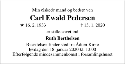 Dødsannoncen for Carl Ewald Pedersen - Aadum