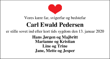 Dødsannoncen for Carl Ewald Pedersen - Aadum