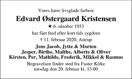 Dødsannoncen for Edvard Østergaard Kristensen - Astrup, 6900 Skjern