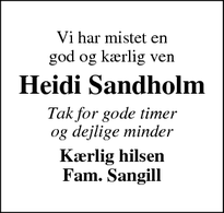 Dødsannoncen for Heidi Sandholm - Ringkøbing