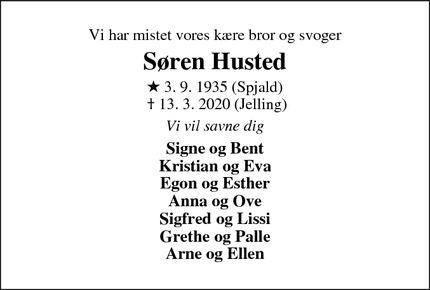 Dødsannoncen for Søren Husted - Jelling
