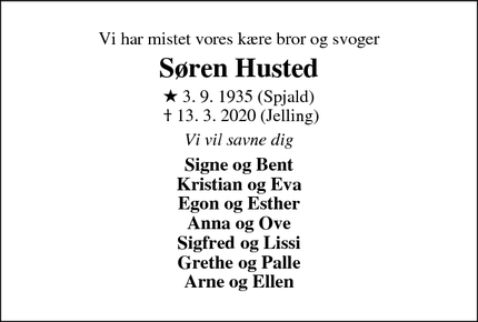 Dødsannoncen for Søren Husted - Jelling